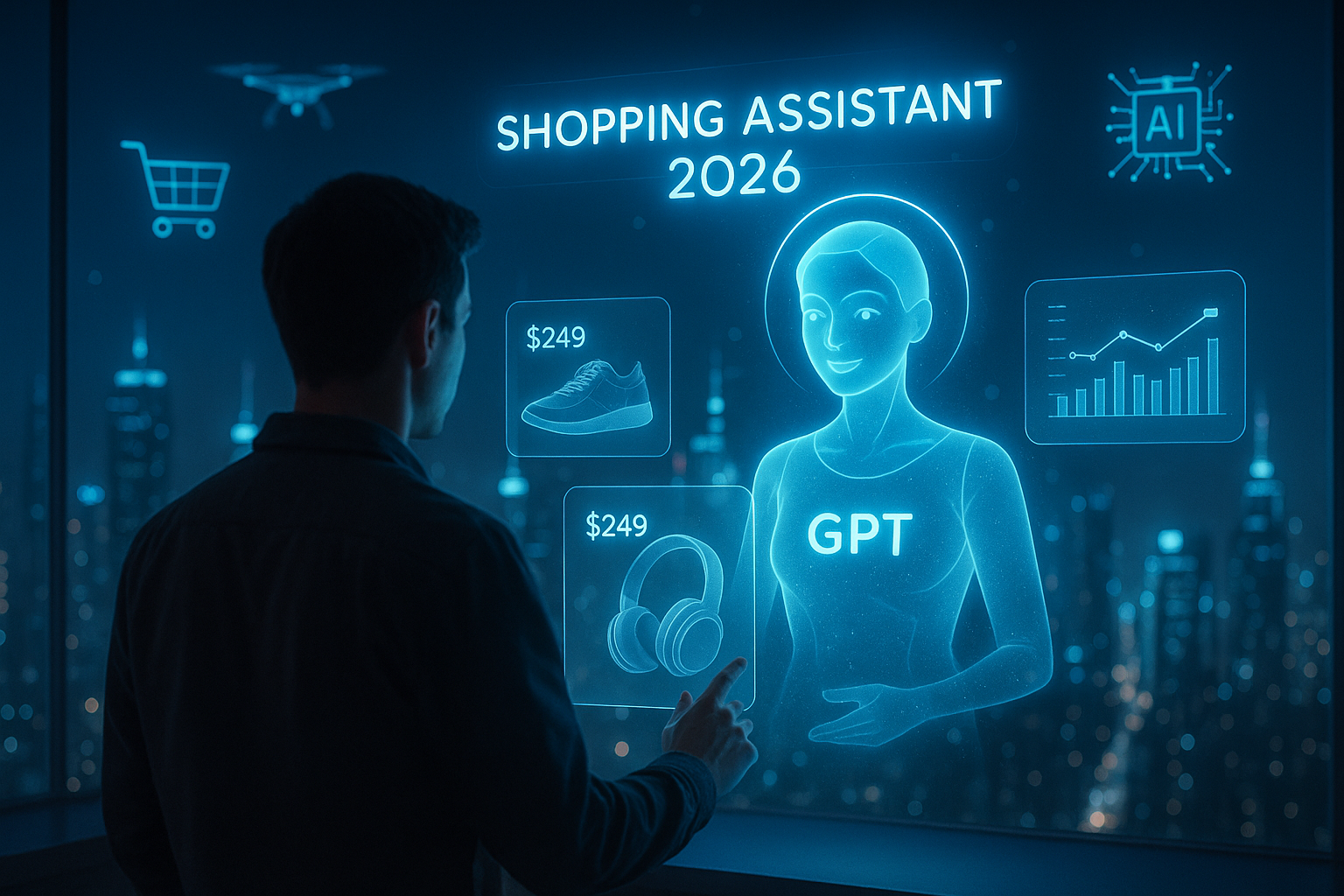 A futuristic concept of a GPT shopping assistant helping a user select products through an AI-powered holographic interface. The scene shows a digital human-like assistant displaying sneakers, headphones, and real-time analytics in a glowing blue environment. This image illustrates how conversational AI and GPT technologies will redefine online shopping, blending personalization, automation, and data-driven insights into a seamless e-commerce experience.