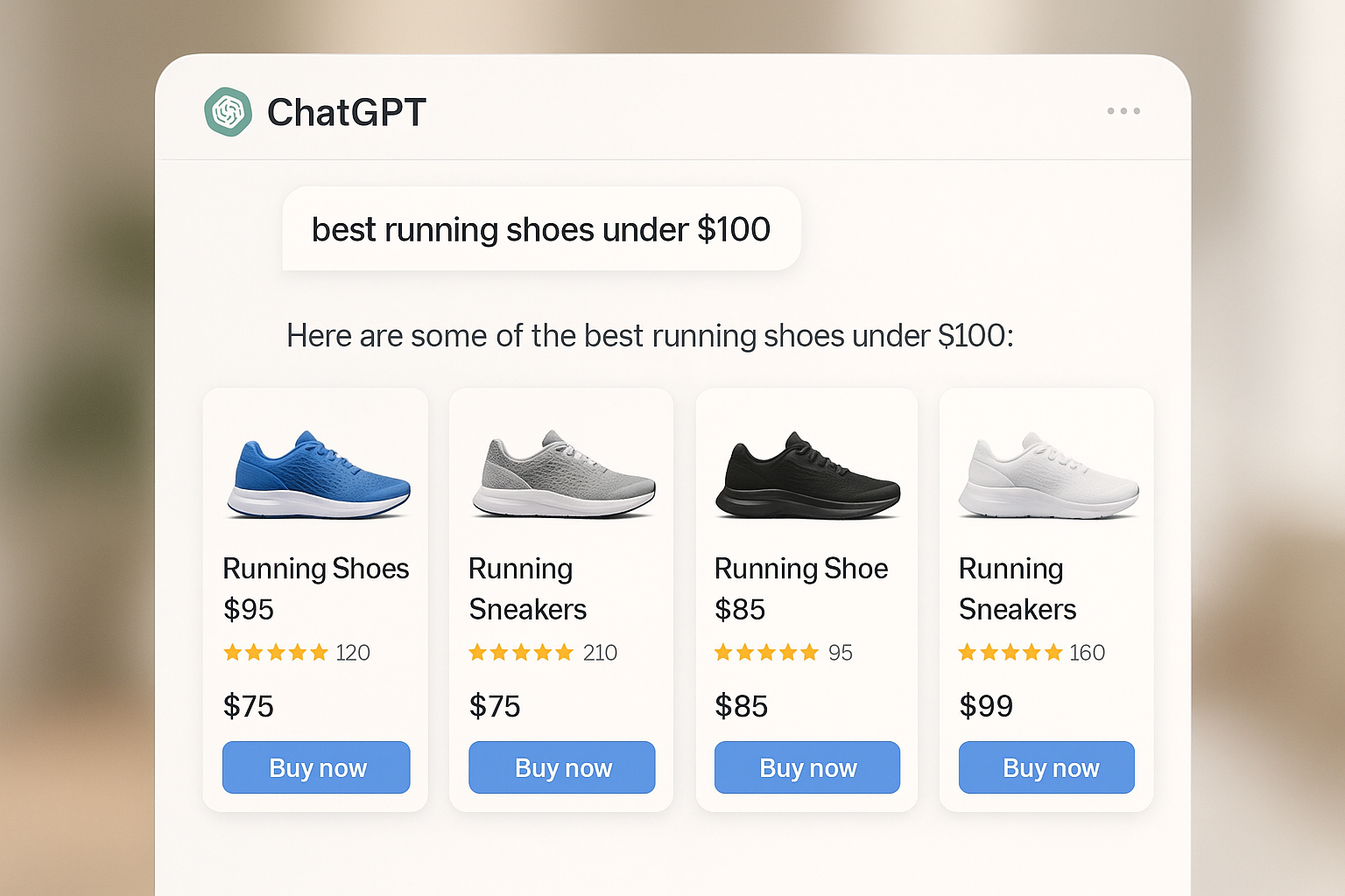 ChatGPT shopping interface showing best running shoes under $100 with product cards, prices, and buy buttons.