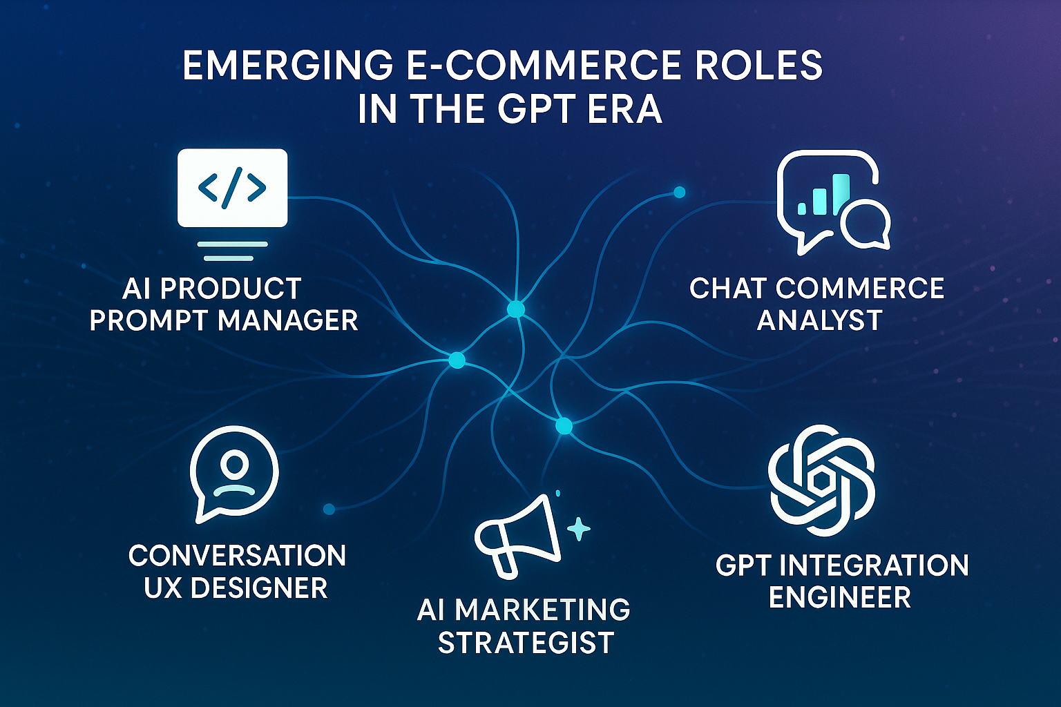 Infographic showing emerging GPT-era e-commerce roles: AI Product Prompt Manager, Chat Commerce Analyst, UX Designer, and more.