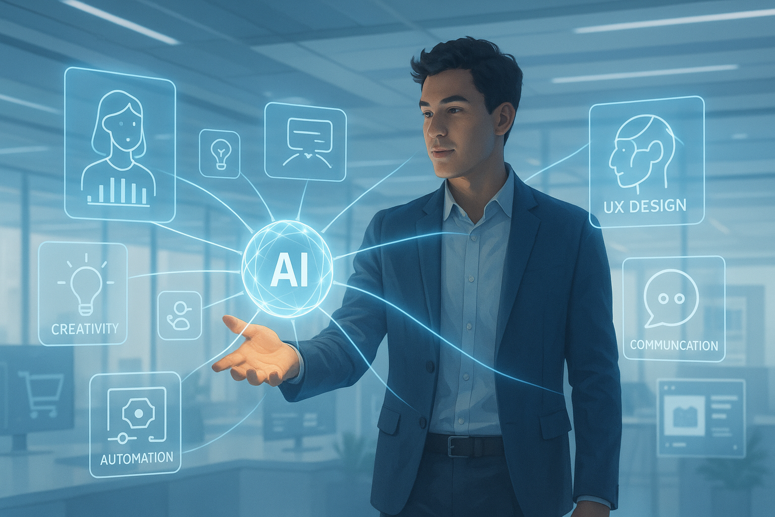 Professional interacting with holographic AI skills — creativity, UX design, automation, and communication — symbolizing human–AI collaboration.